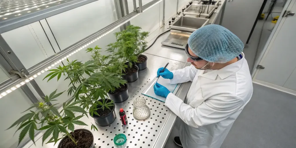 Scientist analyzing cannabis plants in laboratory with samples and notebook.