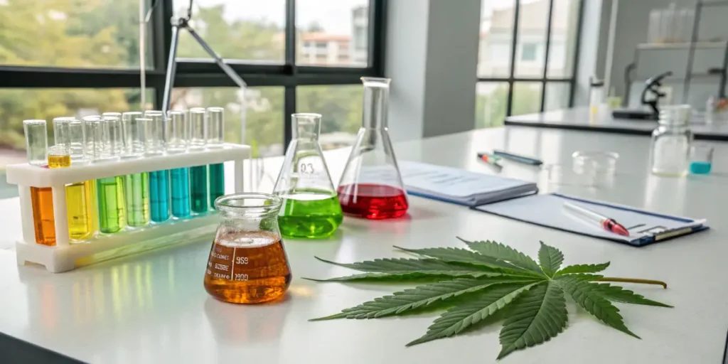 Cannabis leaf on laboratory table with test tubes and chemical solutions.