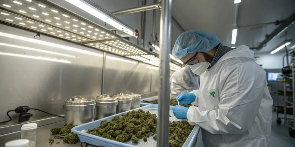 Worker trimming and inspecting cannabis flowers in laboratory setting.