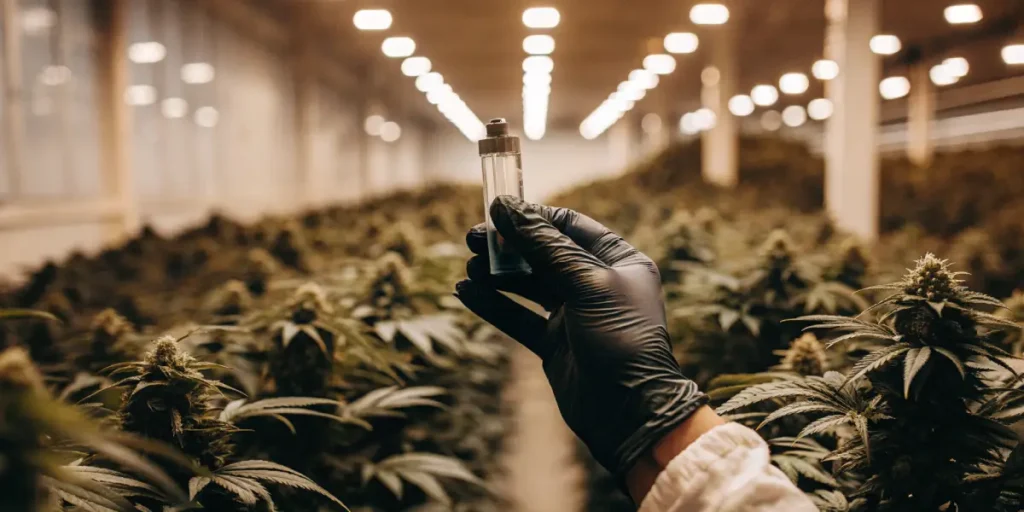 Gloved hand holding vial for cannabis testing inside indoor grow facility.