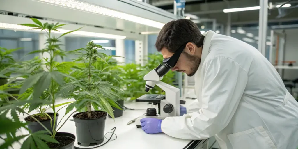 Scientist analyzing cannabis plants in laboratory using microscope.
