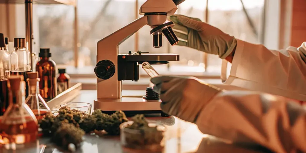 Scientist analyzing cannabis sample under microscope in a laboratory with glassware.
