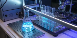 Laboratory glassware with blue liquid used for cannabis chemical analysis.