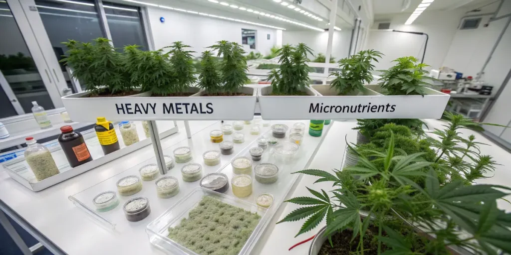 Cannabis plants in a laboratory setup labeled heavy metals and micronutrients for testing.