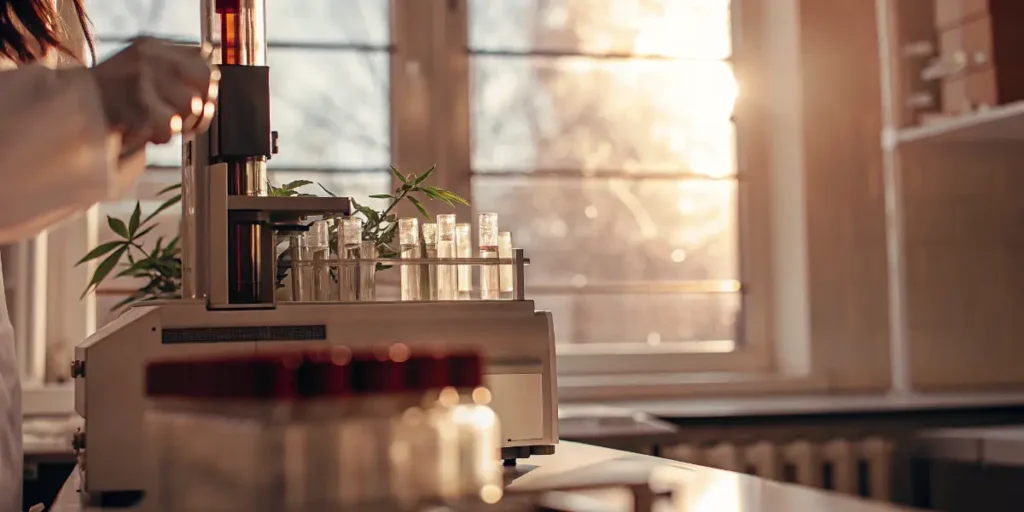Liquid chromatography equipment with cannabis samples and test tubes in laboratory.