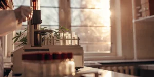 Liquid chromatography equipment with cannabis samples and test tubes in laboratory.