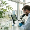 Scientist analyzing cannabis plant samples under a microscope in a modern laboratory.