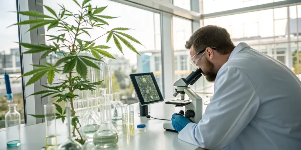 Scientist analyzing cannabis plant samples under a microscope in a modern laboratory.