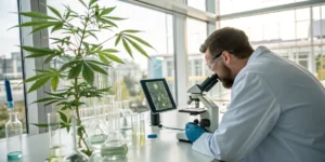 Scientist analyzing cannabis plant samples under a microscope in a modern laboratory.