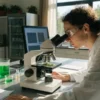 Scientist analyzing cannabis samples under a microscope in a modern laboratory with colorful test tubes.