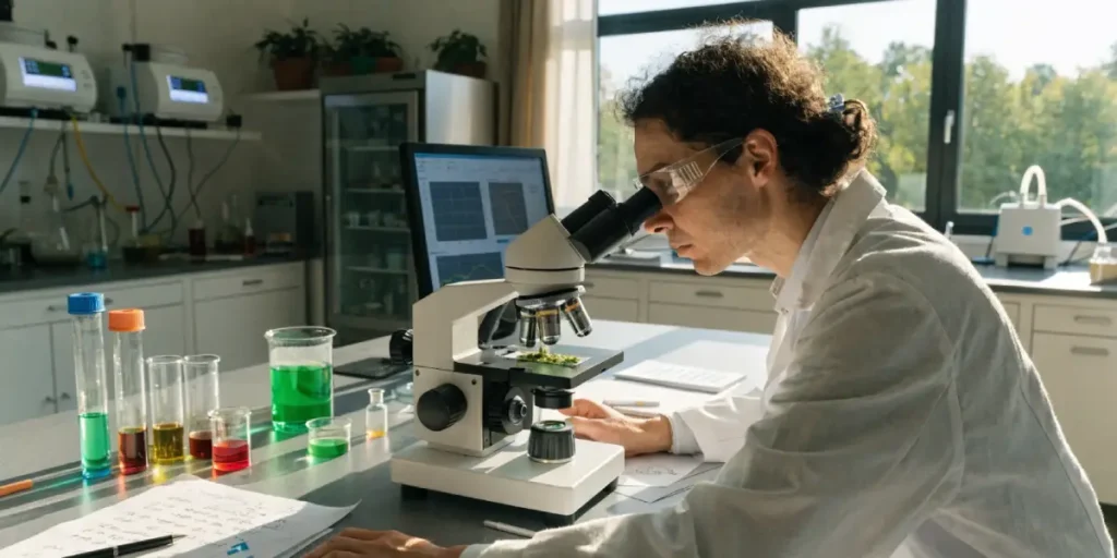 Scientist analyzing cannabis samples under a microscope in a modern laboratory with colorful test tubes.