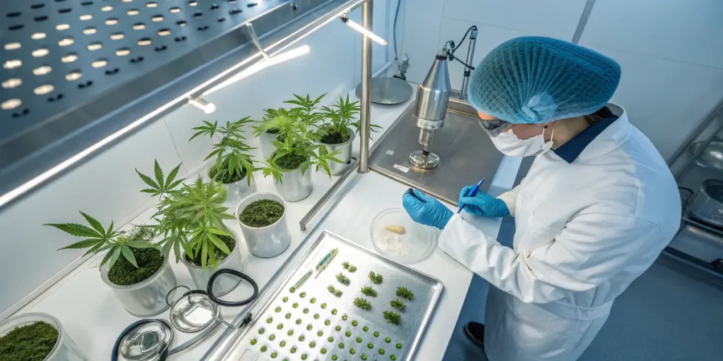 Scientist studying cannabis samples in lab with microscope and plant specimens.