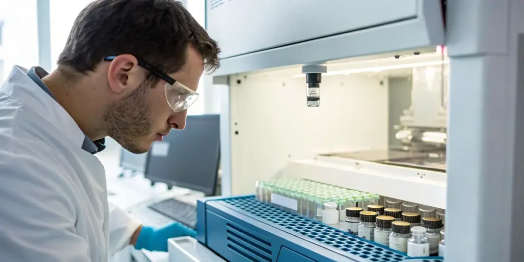 Laboratory technician analyzing cannabis samples with vials in a testing machine.