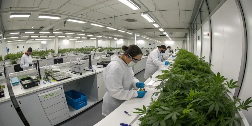 Laboratory team testing cannabis plants in a large indoor research facility.