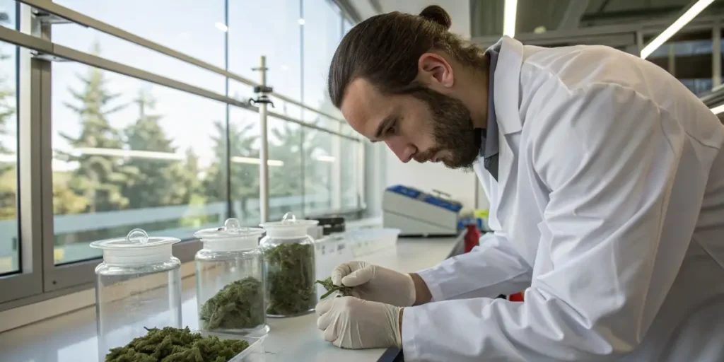 Scientist inspecting cannabis samples in a laboratory environment with glass containers.