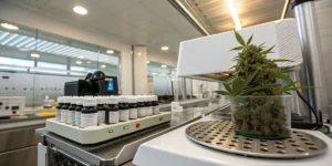 Cannabis flower sample beside laboratory testing equipment and chemical bottles.