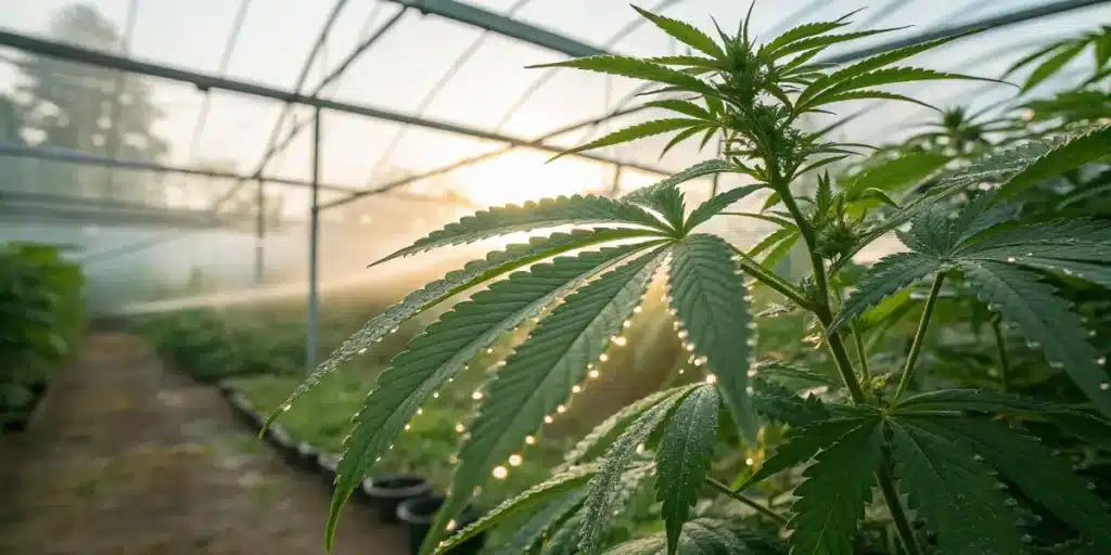 Cannabis leaf with dew drops in greenhouse with morning sunlight.