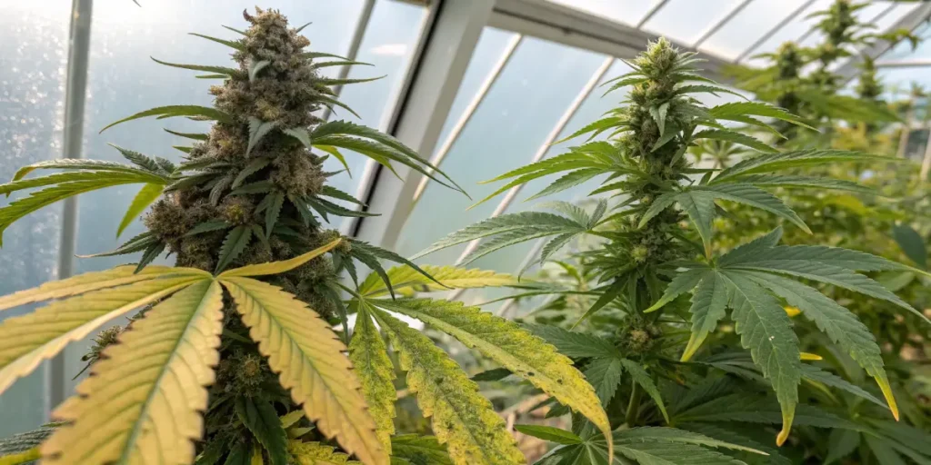 Cannabis plants with discolored leaves in greenhouse showing deficiency signs.