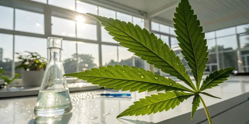 Cannabis leaf on lab table with glass flask and sunlight background.