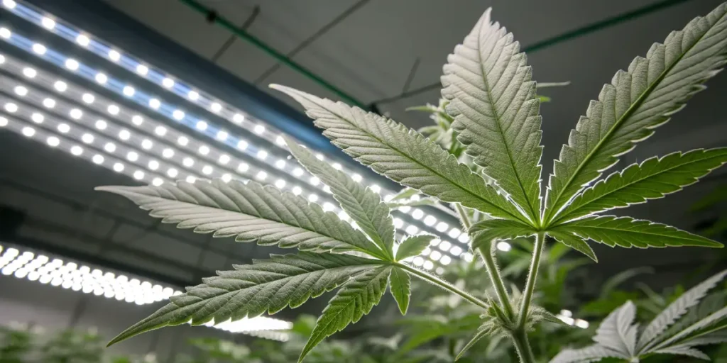 Cannabis leaf under LED grow lights in indoor cultivation setup.