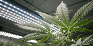 Cannabis leaf under LED grow lights in indoor cultivation setup.