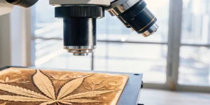 Cannabis leaf placed under a microscope for detailed laboratory analysis.