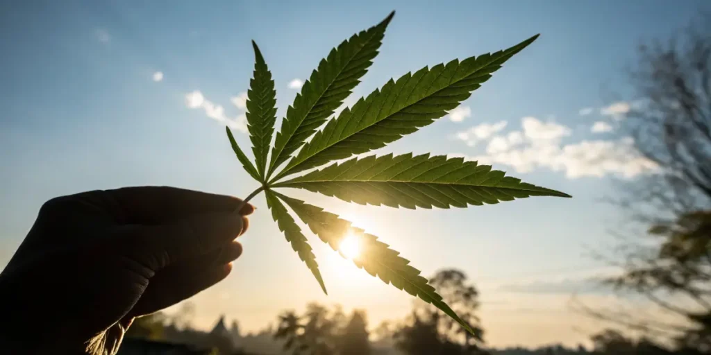 Hand holding a cannabis leaf against the sunset sky with backlighting.