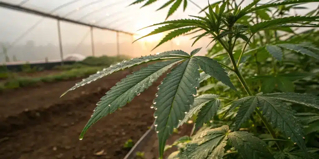 Cannabis leaf with water droplets in greenhouse at sunrise.
