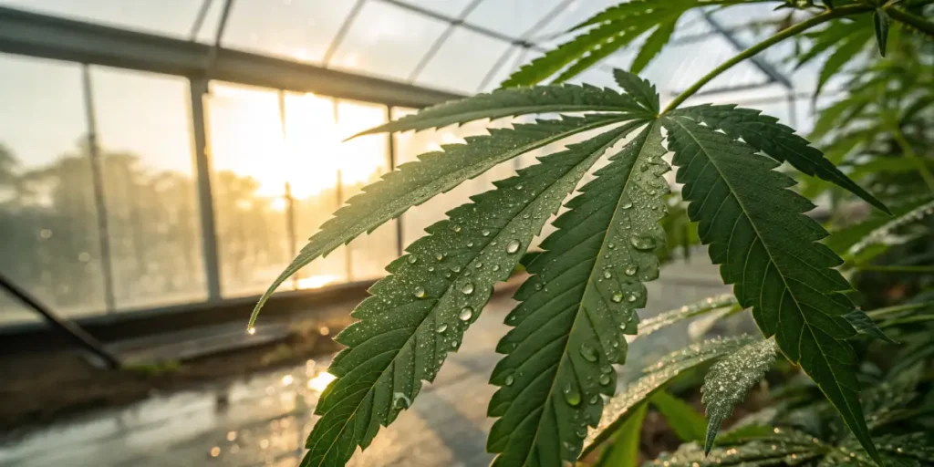 Close-up of cannabis leaf with water droplets in greenhouse sunlight.