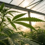 Cannabis leaves with dew drops in greenhouse at sunrise.