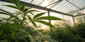 Cannabis leaves with dew drops in greenhouse at sunrise.