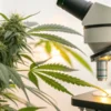Cannabis plant next to microscope for laboratory analysis of buds.