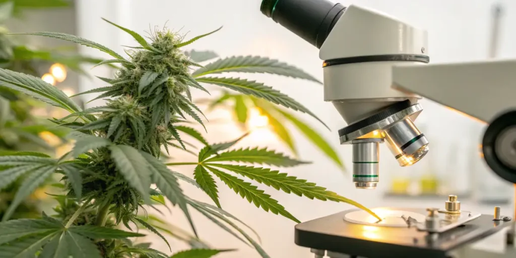 Cannabis plant next to microscope for laboratory analysis of buds.