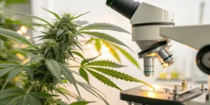 Cannabis plant next to microscope for laboratory analysis of buds.