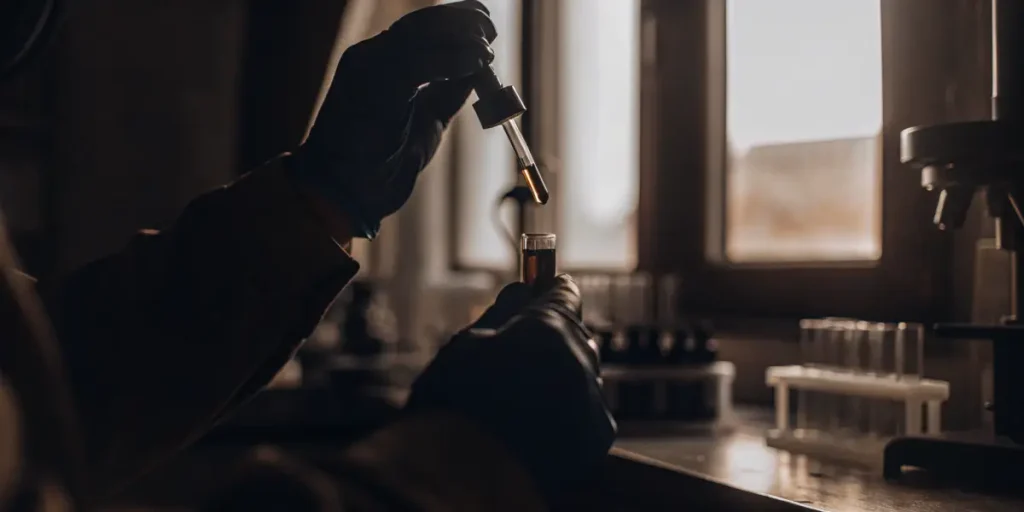 Gloved hands using dropper to add cannabis oil into test tube in lab.