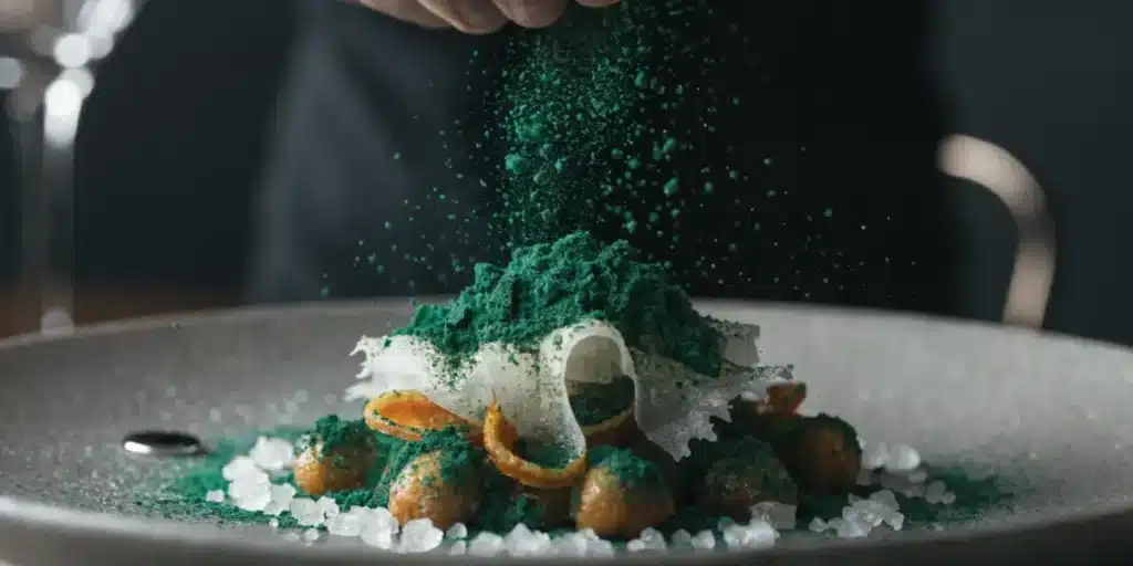 Chef sprinkling cannabis oil powder over a gourmet dish with fine dining presentation.