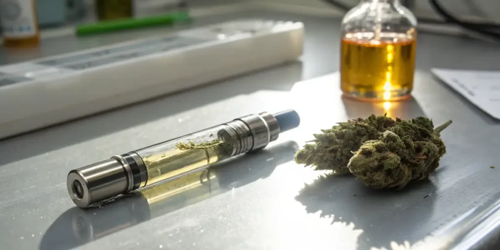 Cannabis oil vape cartridge and cannabis bud on a lab table with extraction oil in the background.