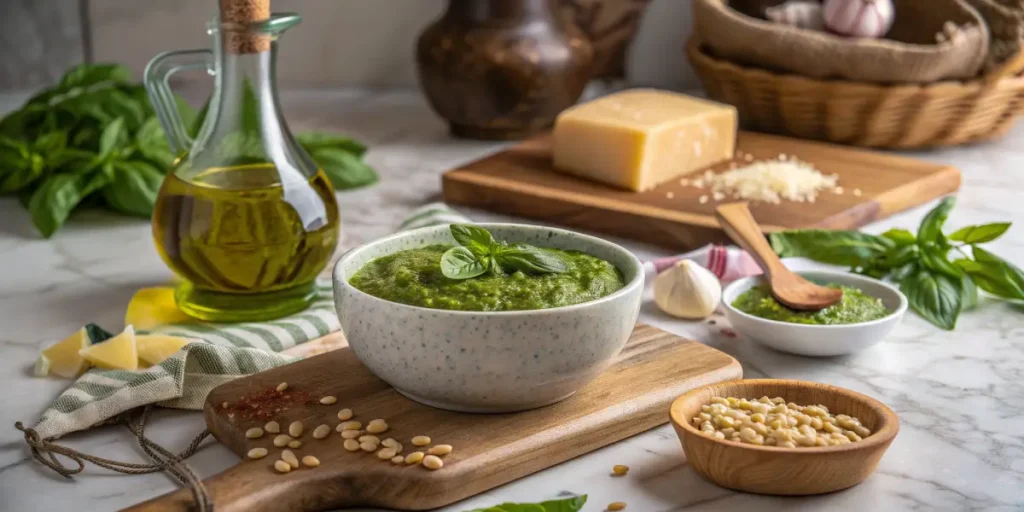 Fresh cannabis pesto with olive oil, basil, pine nuts, and parmesan on a kitchen table.