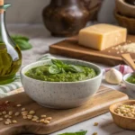 Fresh cannabis pesto with olive oil, basil, pine nuts, and parmesan on a kitchen table.