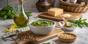 Fresh cannabis pesto with olive oil, basil, pine nuts, and parmesan on a kitchen table.