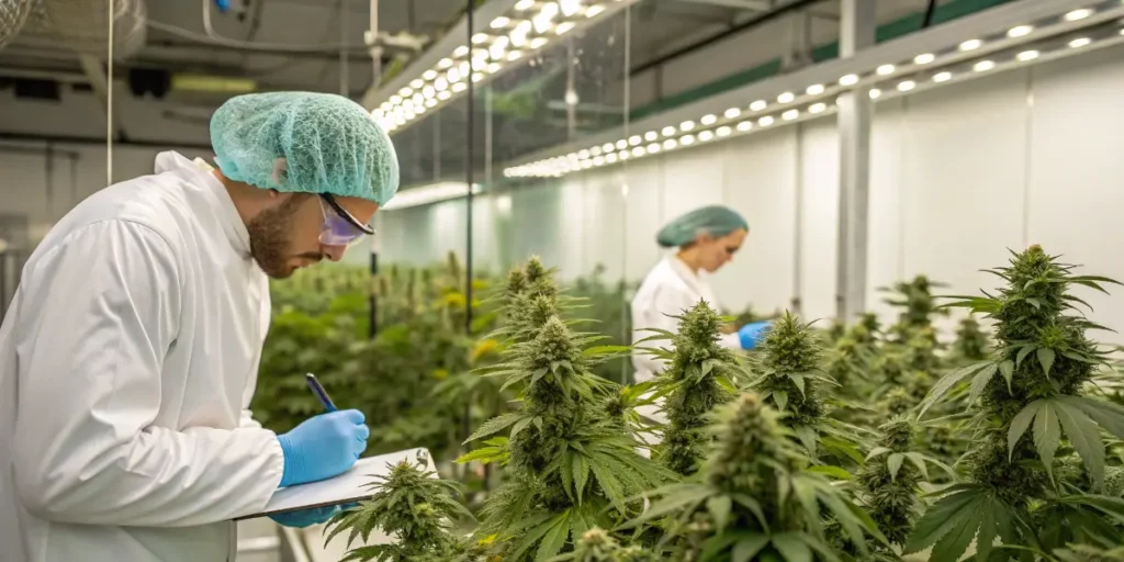 Research team assessing cannabis phenotypes and collecting cultivation data in a controlled indoor facility.
