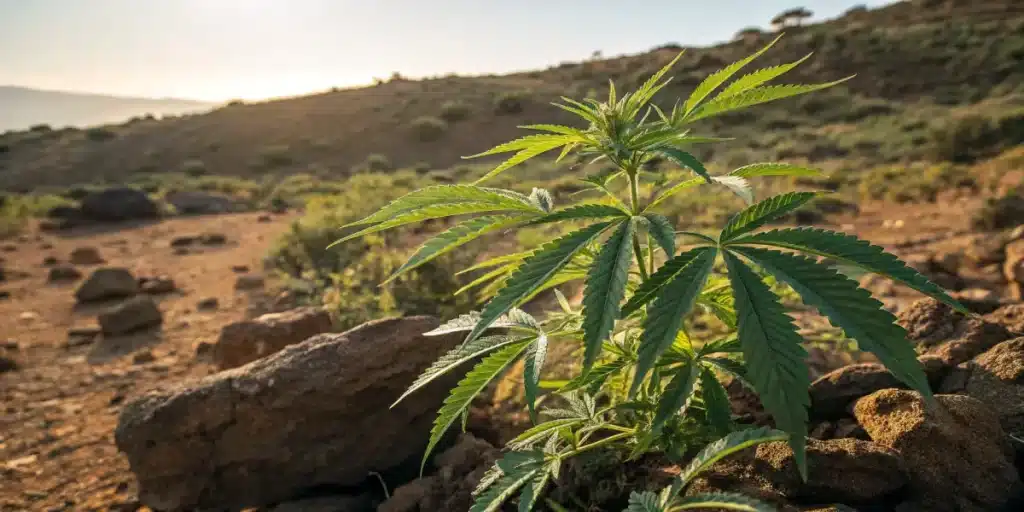 Cannabis plant growing in desert terrain with rocks and natural sunlight.