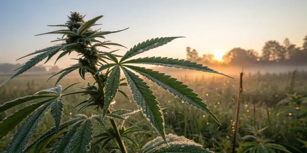 Cannabis plant covered in morning dew in a field at sunrise.