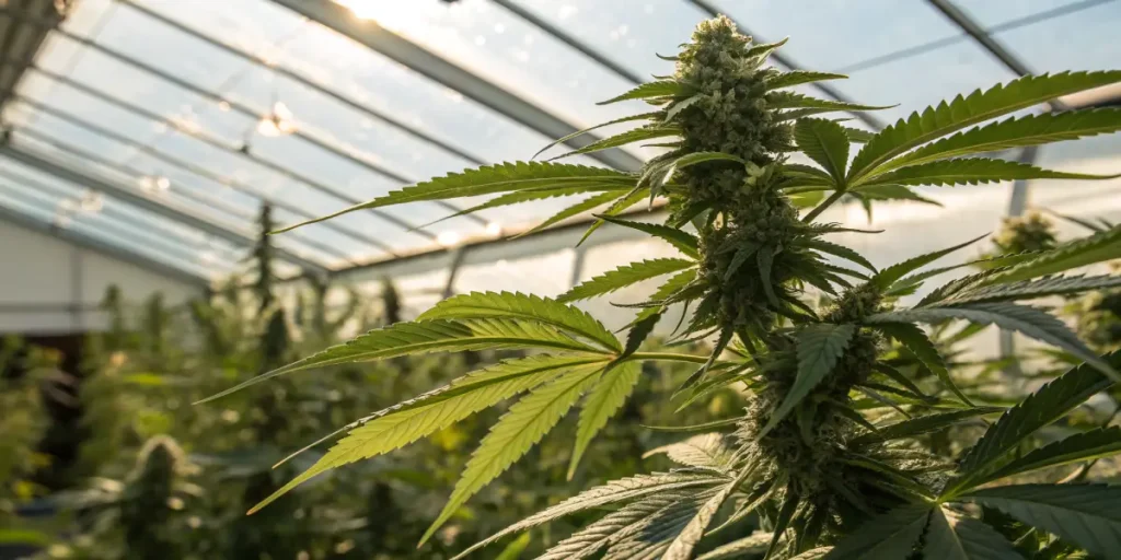 Cannabis plant in flowering stage growing in greenhouse under sunlight.