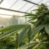 Close-up of cannabis plant with dew in greenhouse during flowering stage.