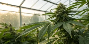 Close-up of cannabis plant with dew in greenhouse during flowering stage.