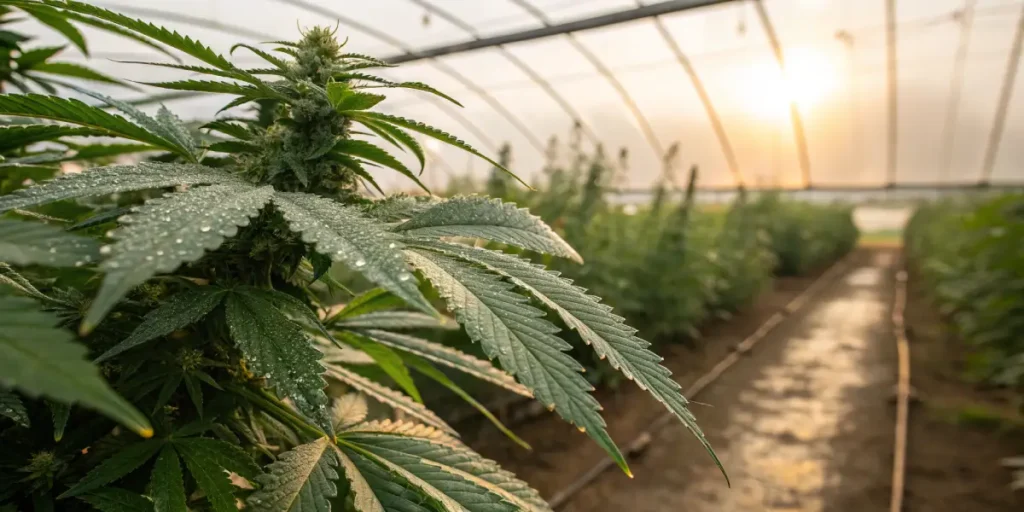 Cannabis plant with dew on leaves growing inside a greenhouse at sunrise.