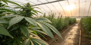 Cannabis plant with dew on leaves growing inside a greenhouse at sunrise.