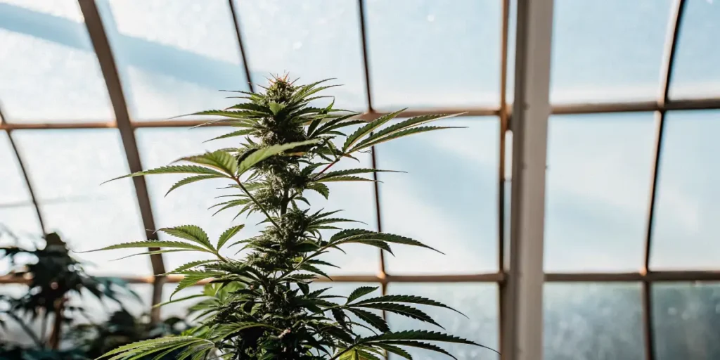 Cannabis plant growing inside a greenhouse with natural sunlight through glass panels.