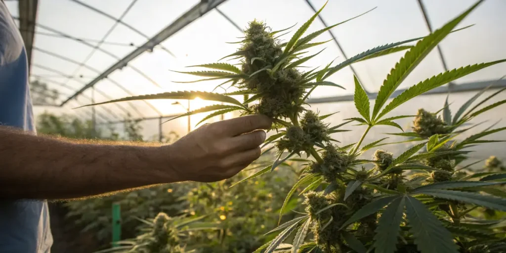 Farmer inspecting mature cannabis plant in greenhouse during flowering stage.Farmer inspecting mature cannabis plant in greenhouse during flowering stage.
